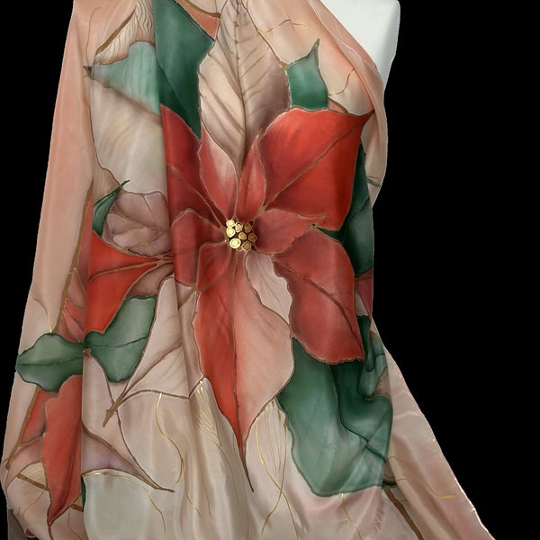 Poinsettia peint à la main fleurs sur fond rose Cora champagne carré femme foulard en soie cadeau pour elle, maman 90 x 90 cm prêt à expédier