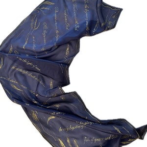 Hand Painted Christian Silk Scarf – Blue Navy with John 1:1-14 & Gold Wheat | Wearable Art, Bible Verse Choice | Ready to Ship