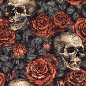 May include: A seamless pattern featuring two white human skulls with detailed bone structure and red roses with green leaves on a dark background.