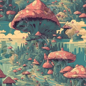 Mushroom World seamless pattern digital download