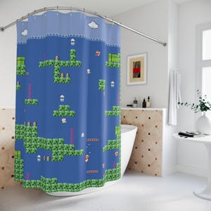Super Water 8-Bit Platformer Level Shower Curtain | Retro Video Game Bathroom Decor