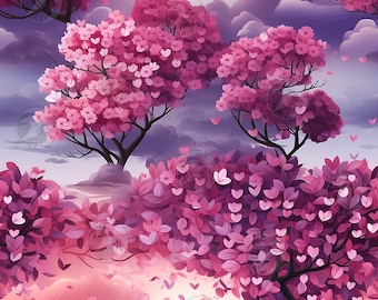 May include: A digital illustration of a whimsical landscape with pink trees and purple clouds.  Pink hearts float in the air.