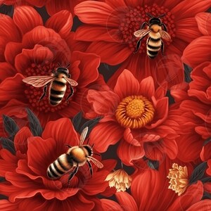Bees on red flowers seamless pattern digital download