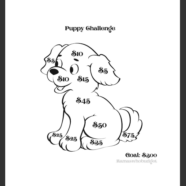 Color Me In Puppy Money Savings Challenge Tracker Black and White