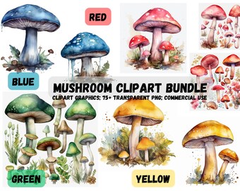 Watercolor Mushroom Clipart Bundle, PNG Graphics (Digital Download)