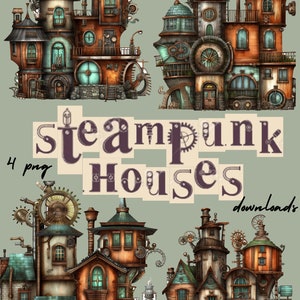 Steampunk Houses Clipart - 4 wysokiej jakości png - cyfrowe pobieranie, Clipart do użytku komercyjnego, Przezroczyste PNG