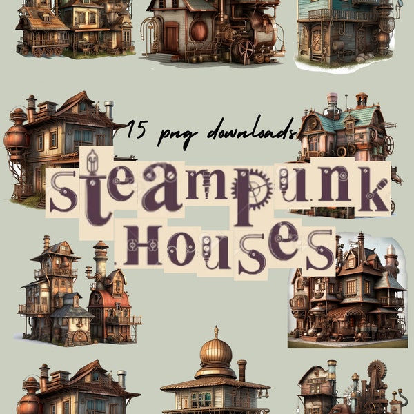 Steampunk Houses Clipart - 15 high-qualtity pngs - digital Download , Clipart for commercial use, Transparent PNGs