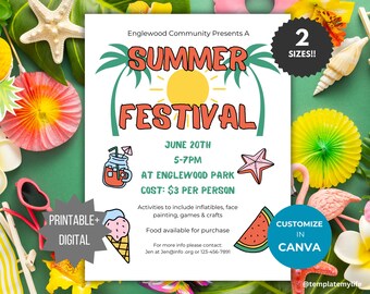 Summer Festival template Editable Summer fundraiser flyer Community Festival invite Summer event Church Flyer printable Summer carnival