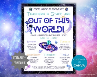 Teacher and Staff Appreciation Week Flyer Template Space themed School Staff Appreciation schedule teacher appreciation out of this world