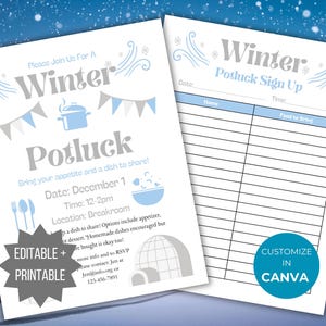 Wintertime Potluck Invite Potluck sign up sheet template bundle Winter party invitation church flyer community potluck dinner party flyer