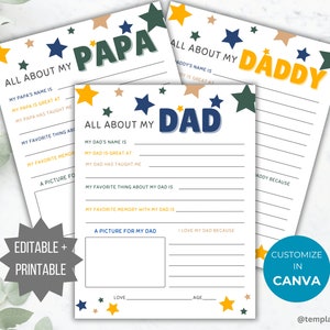 Tudo sobre meu pai para impressão Idéia de presente para o dia dos pais Pai, presente de agradecimento de criança, preencha o espaço em branco Modelo de questionário Tudo sobre o papai para crianças