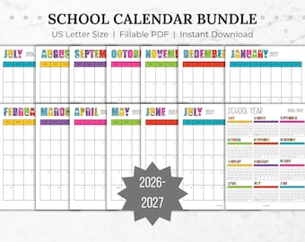 2026-2027 School Calendar Printable, Fillable Monthly Calendar Bundle (PDF)