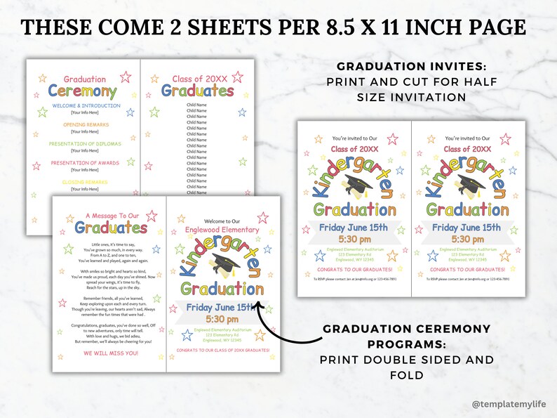 Editable Kindergarten Graduation invitation printable elementary graduation program ceremony invite graduation diploma certificate template