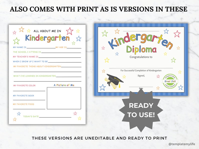 Editable Kindergarten Graduation invitation printable elementary graduation program ceremony invite graduation diploma certificate template