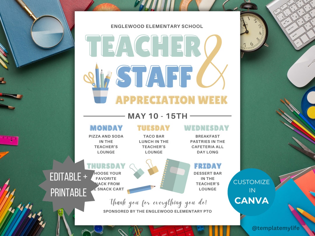 Teacher and Staff Appreciation Week PTA Flyer PTO Template School Event ...