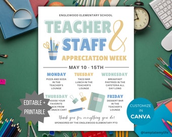 Teacher and Staff Appreciation Week PTA Flyer PTO Template School Event Staff Appreciation printable teacher appreciation week itinerary