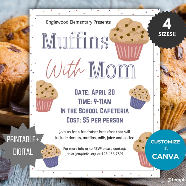 Editable Muffins with Mom flyer invite Mothers Day Breakfast PTA flyer School event fundraiser invitation Mother Appreciation PTO template