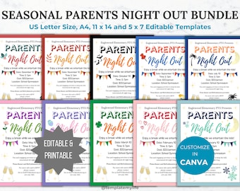 Seasonal Parents Night Out PTA flyer template PTO school fundraiser flyer event invitation date night flyer community event invite bundle