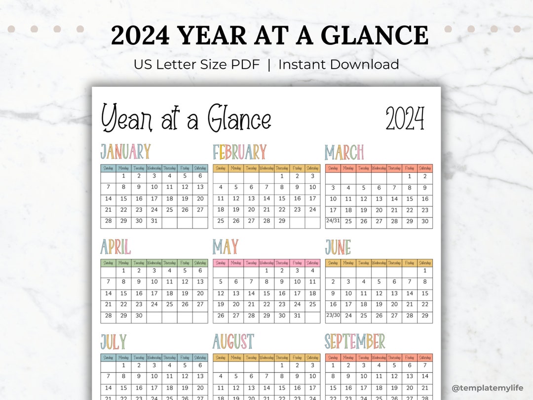 Yearly Planner Printable 2024 Year Overview Calendar Portrait Colorful ...