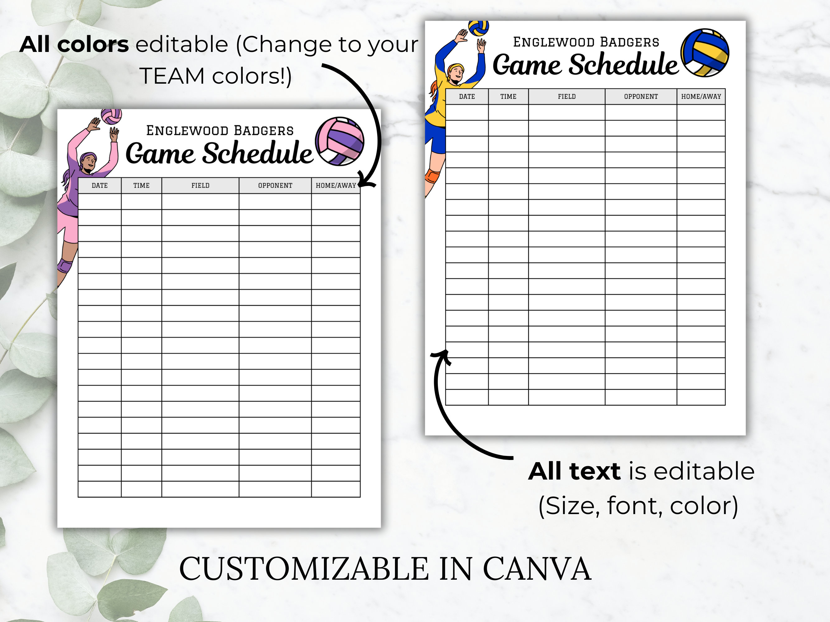 Volleyball Game Schedule Template Volleyball Sports Calendar Etsy