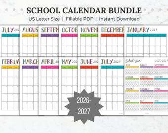 2026-2027 School Year Calendar Bundle (Fillable PDF)