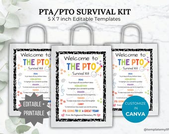 May include: Three white paper gift bags with handles, each featuring a printed PTA/PTO Survival Kit template. The design includes colorful text, star graphics, and a black-and-white speckled border. Text includes 'Welcome to THE PTO Survival Kit' and lists items like pens, highlighters, erasers, tissues, and candy.