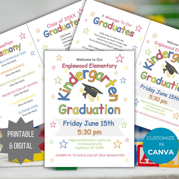 Editable Kindergarten Graduation program template commencement program printable elementary graduation ceremony booklet welcome sign flyer