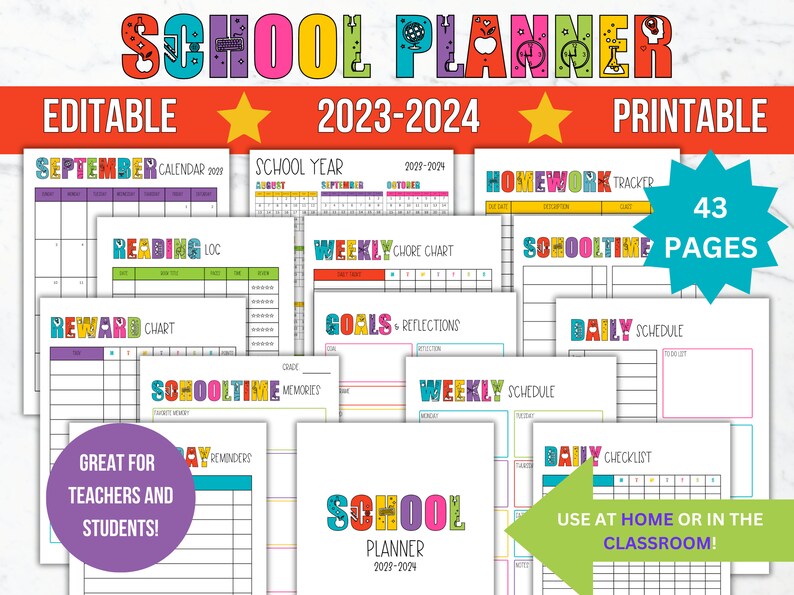 School Planner Printable 20232024 Editable School Year Etsy