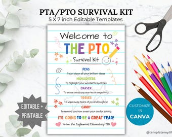 May include: A 5 x 7 inch editable PTA/PTO survival kit template featuring lined paper background, colorful text, and hand-drawn doodles. The document lists items like pens, highlighters, eraser, tissues, and candy with encouraging notes.