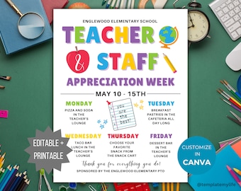 Editable Teacher Appreciation Week Flyer PTO PTA Template School Staff Appreciation week schedule printable teacher appreciation event flyer