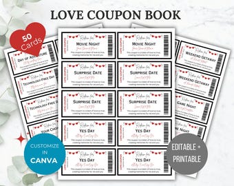 Love Coupon Book Printable Editable Love Coupons Couple Coupons Romantic Gift for him gift for her Birthday gift Anniversary Gift Printable