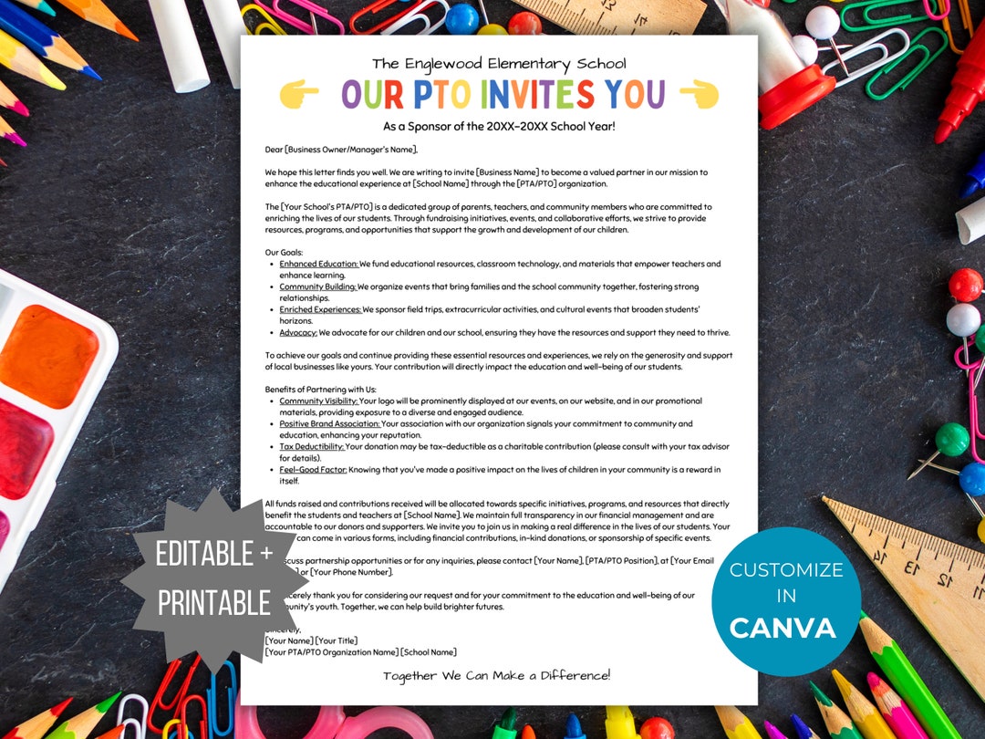 Donation Letter Template PTO Business Sponsor Invite PTA Letter