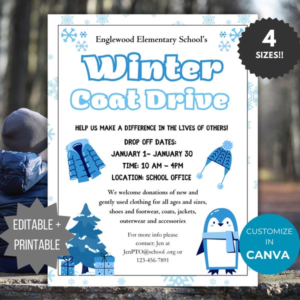 Winter Coat Drive Flyer Template PTO Coat Drive Flyer Editable Coat Donation Flyer School Winter Fundraiser Flyer printable PTA Poster sign