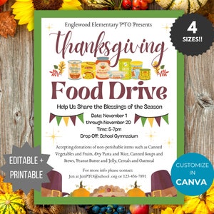 Thanksgiving Food Drive Flyer Template PTO Charity Flyer Editable Donation Flyer School Fundraiser Flyer Fall printable PTA Donation sign