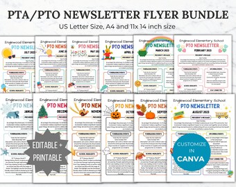 PTA PTO NYHETSBREV flygblad redigerbar mall bunt månatliga klassrumsnyheter utskrivbara skolevenemang utdelningsblad PTO skolnyhetsbrev PTA flygblad