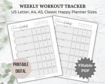 Planilha semanal de exercícios para imprimir, planejador de fitness, rastreador de exercícios, diário de fitness, planejador de treino, registro de exercícios, tamanho carta, A4, A5, Happy Planner