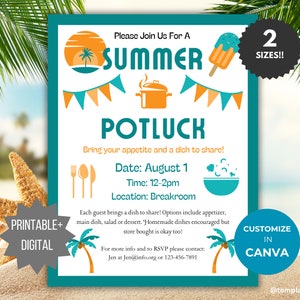 Może przedstawiać: Drukowane zaproszenie w kolorze turkusowym i pomarańczowym na letni potluck. Zaproszenie przedstawia zachód słońca, palmy, garnek i loda na patyku. Tekst na zaproszeniu brzmi: "Dołącz do nas na letni potluck. Zabierz ze sobą apetyt i danie do dzielenia się! Data: 1 sierpnia Godzina: 12-14 Miejsce: Pokój relaksu. Każdy gość przynosi danie do dzielenia się! Opcje obejmują przystawkę, danie główne, sałatkę lub deser. Zachęcamy do przygotowywania potraw domowych, ale dania kupione w sklepie również są w porządku! Aby uzyskać więcej informacji i zarezerwować miejsce, skontaktuj się z: Jen pod adresem Jen@info.org lub 123-456-7891. 2 Rozmiary!! Dostosuj w Canva @templatemylife"