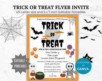 Trick or Treat Flyer Invitation Template Halloween invitation Editable Halloween School event PTA Flyer printable Fall Festival PTO template
