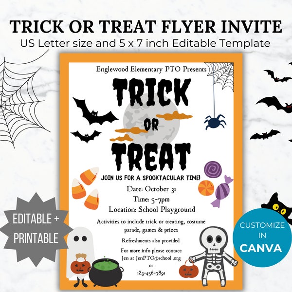 Trick or Treat Flyer Invitation Template Halloween invitation Editable Halloween School event PTA Flyer printable Fall Festival PTO template