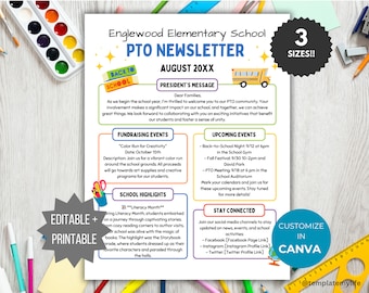 Folleto del boletín informativo de la PTA de septiembre Folleto imprimible del boletín informativo de regreso a la escuela Folleto editable para el aula Plantilla de boletín informativo preescolar de la pta pto