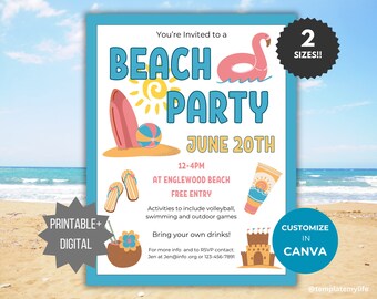 Beach Party template Editable Summertime fundraiser flyer Community Beach Party invite Summer Church Flyer printable Beach festival flyer