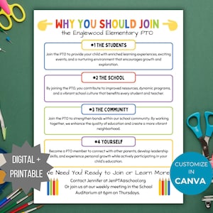 Waarom lid worden van de oudervereniging (PTA)? Flyer, bewerkbare PTA-sjabloon, werving van PTA-vrijwilligers, flyer voor PTA-vrijwilligers op school, printbare PTA-bord, PTA-bord