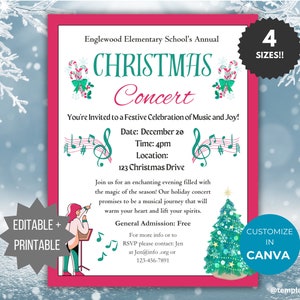 May include: A festive Christmas Concert invitation with a pink border. The text reads "Christmas Concert" with details for December 20th at 4 pm. Includes a Christmas tree graphic and musical notes.