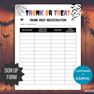Könnte beinhalten: Ein druckbares Anmeldeformular für eine Trunk-or-Treat-Veranstaltung. Das Anmeldeformular bietet Platz für den Namen des Teilnehmers, Kontaktinformationen, das Thema des Kofferraums und besondere Anforderungen. Das Anmeldeformular ist mit Fledermäusen und Spinnweben verziert.