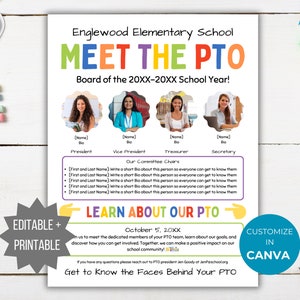 Meet the PTA Flyer Meet the PTO template Meet the pto Board handout Meet your pta members Editable pto flyer meet the team pta president