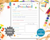 Editable All About me preschool printable worksheet kid school questionnaire end of year activity for kid preschool graduation activities