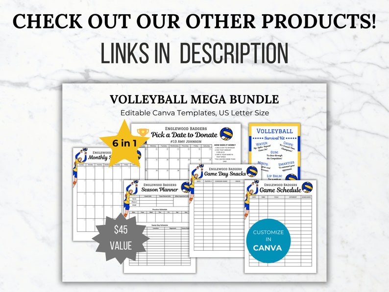 May include: A volleyball mega bundle of six printable templates for Canva. The templates include a monthly calendar, a season planner, a pick a date to donate sheet, a game day snacks list, and a game schedule. The templates are designed in blue, yellow, and white with a volleyball graphic and the text "Englewood Badgers".