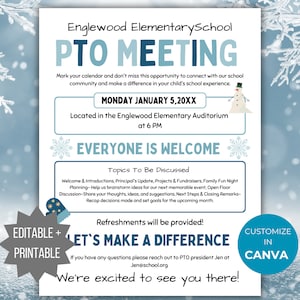 Winter PTA Meeting Flyer Druckbare PTO Schultreffen Flyer bearbeitbare Vorlage pta Januar Meeting Flyer Urlaub pta treffen pto Zeichen Handout