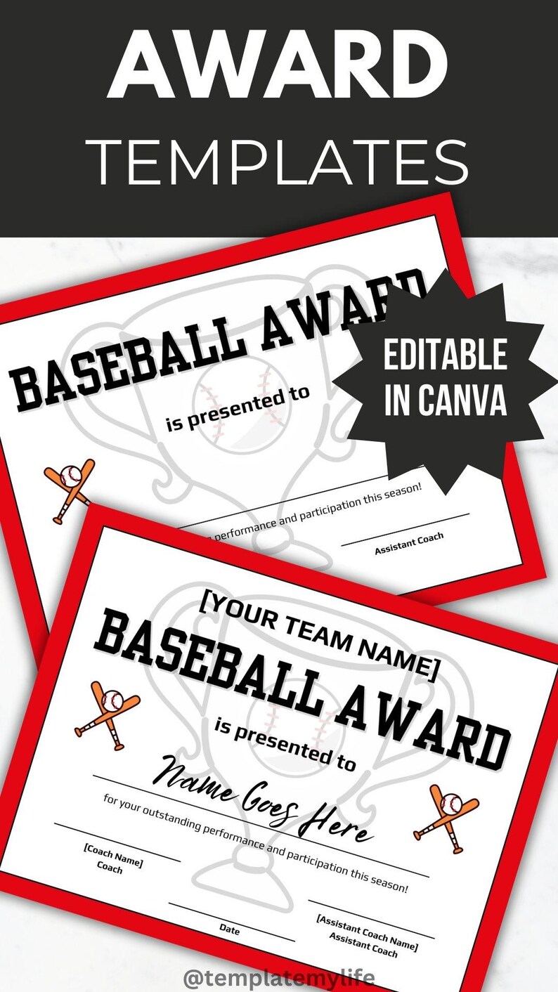 Editable Baseball Award Certificate Template Team Player Participation