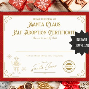 Adoptiecertificaat elfen voor kind afdrukbare welkomstbrief elf Kersttraditie kind elf activiteitenkit sjabloon cadeau elf mail aankomstbrief